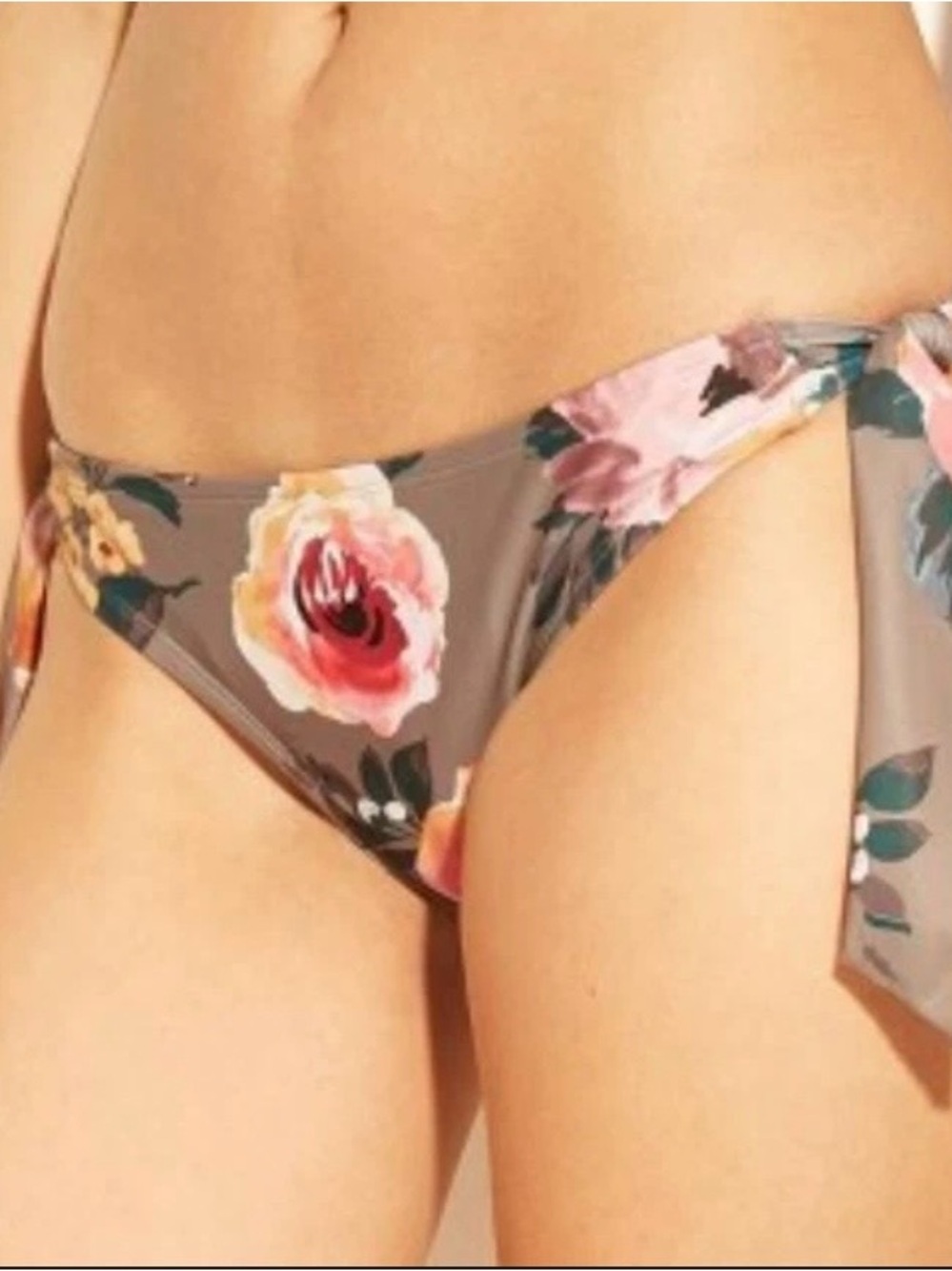 Shade & Shore Taupe Floral Tie-Side Bikini Bottom with Pink Accent